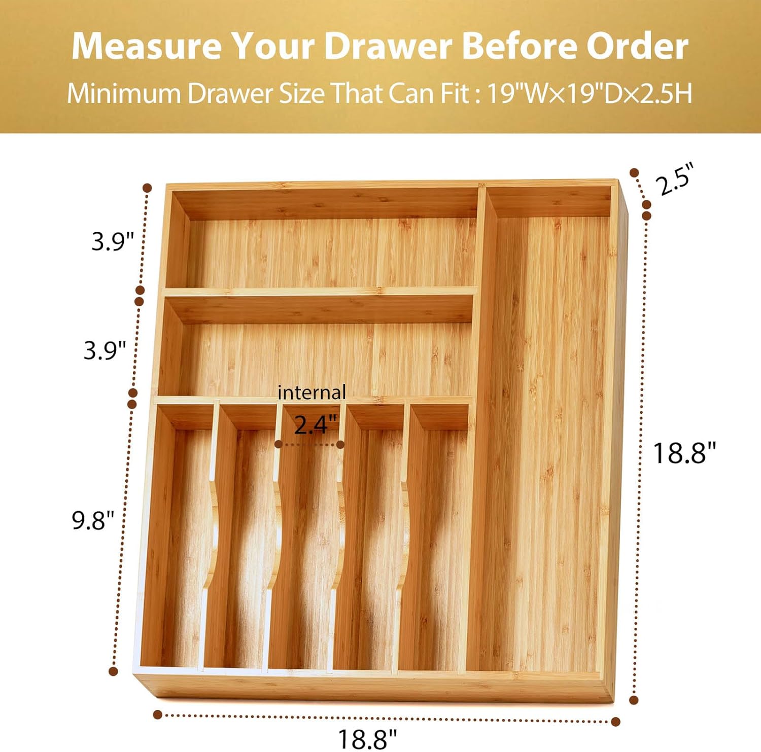Large Kitchen Drawer Organizer, 19"x19" Silverware Utensils Organizer, 2.5" High for Large Deep Drawers, Bamboo Flatware Holder