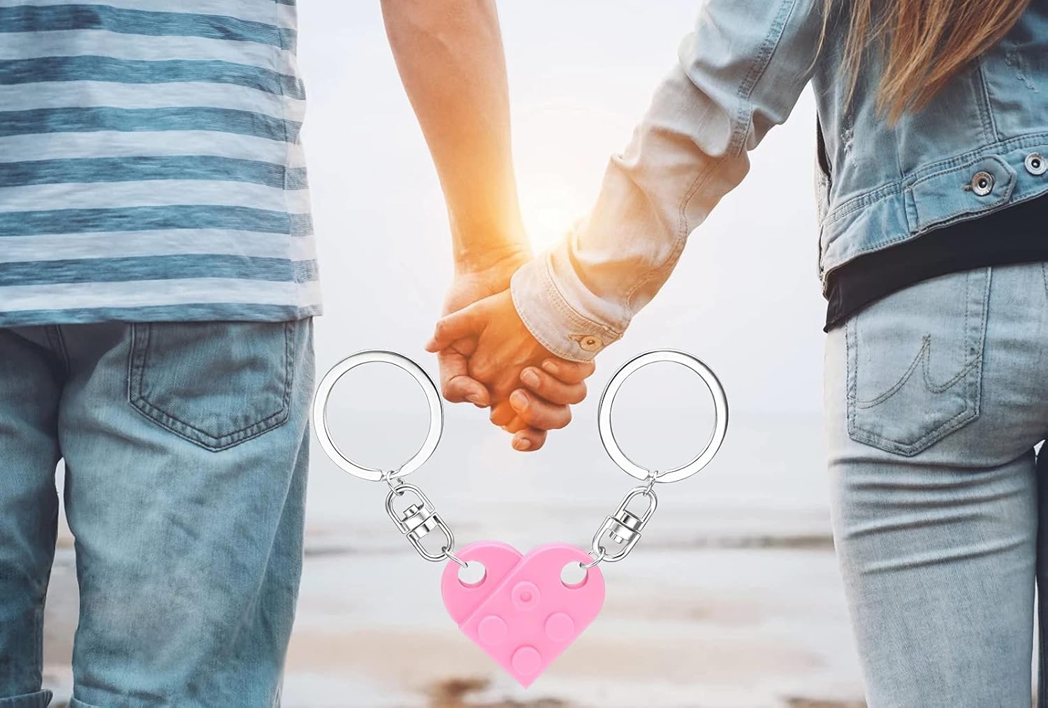 Matching Brick Keychain for Couples, Cute Heart Shape Keychains Set, Pink