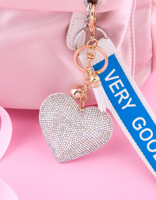 Load image into Gallery viewer, Glitter Keychain Premium SS6 Crystal Tassel Key Chain Leather Bag Charm for Women Girls (Love Heart Hot Pink)
