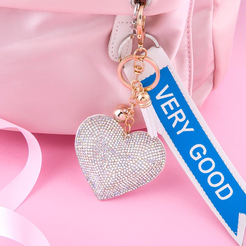 Glitter Keychain Premium SS6 Crystal Tassel Key Chain Leather Bag Charm for Women Girls (Love Heart Hot Pink)