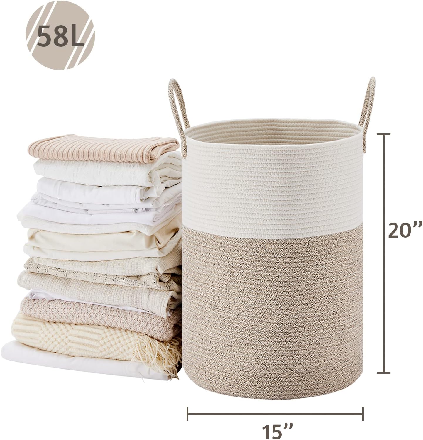 Large Laundry Hamper, Tall Woven Rope Storage Basket for Blanket, 58L White & Brown