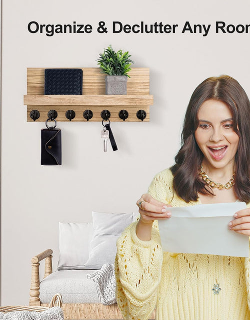 Load image into Gallery viewer, Key Holder Wall Mount, Entryway Key and Mail Holder with 7 Sturdy Hooks with Mounting Hardware, 15”W x 6.7”H x 4.2”D (Wood)
