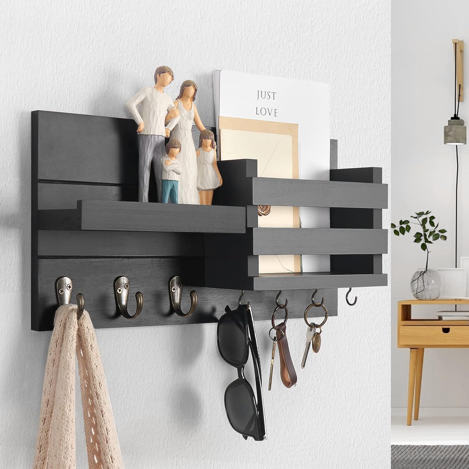 Mail Organizer for Wall Mount – Key Holder with Shelf includes Letter Holder and Hooks with Flush Mounting Hardware (16.5” x 8.7” x 3.5”) Black
