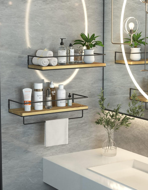 Load image into Gallery viewer, Floating Shelves for Wall Set of 2, Wall Mounted Storage Shelves with Metal Frame and Towel Rack (Wood)

