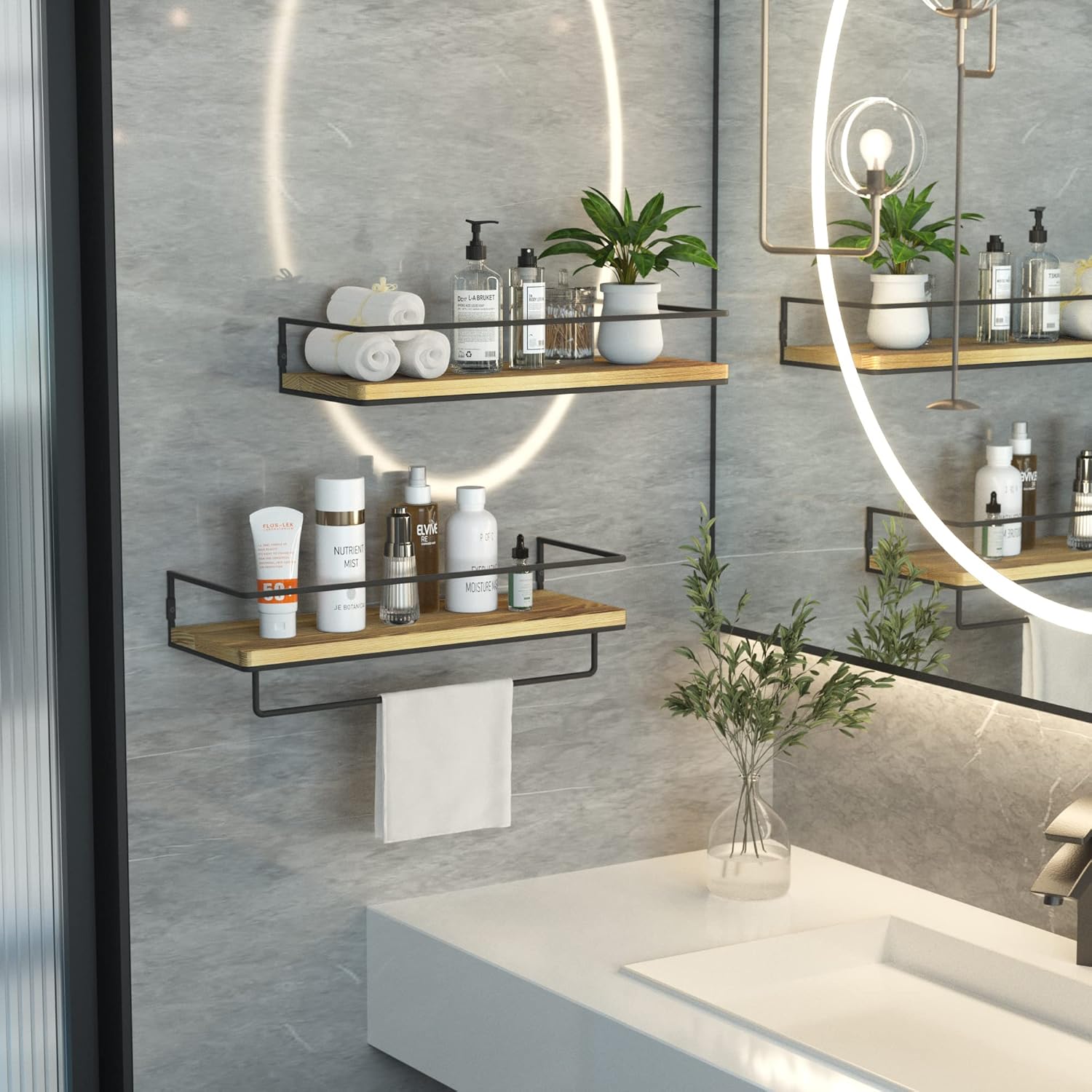 Floating Shelves for Wall Set of 2, Wall Mounted Storage Shelves with Metal Frame and Towel Rack (Wood)