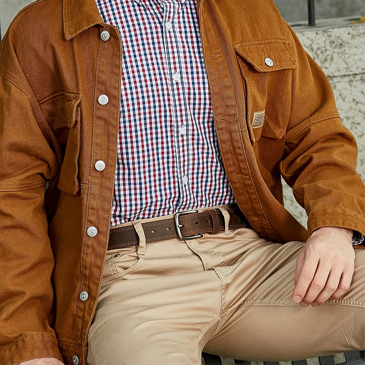 Men's Genuine Leather Casual Every Day Jeans Belts, Handmade with Gift Box, Bourbon Brown (Double Stitch) (36,waist 34)