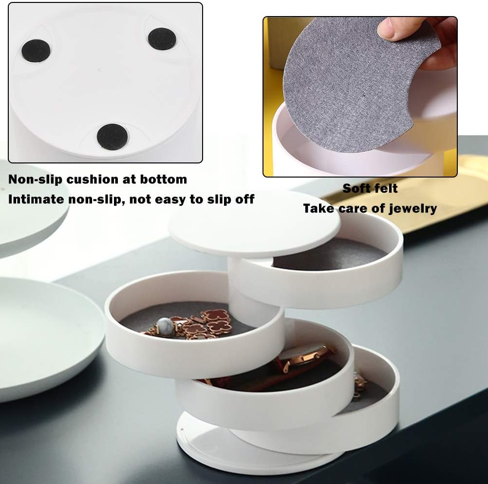 Round Multi-layer Desktop Jewelry Storage Box, 4-Layer Rotating Travel Jewelry Tray Case with Lid for Bracelets Rings Bracelets - White