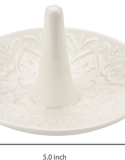 Load image into Gallery viewer, Decorative White Ceramic Ring Tray for Jewelry, Ring Cone and Trinket Tray with Raised Heart Design
