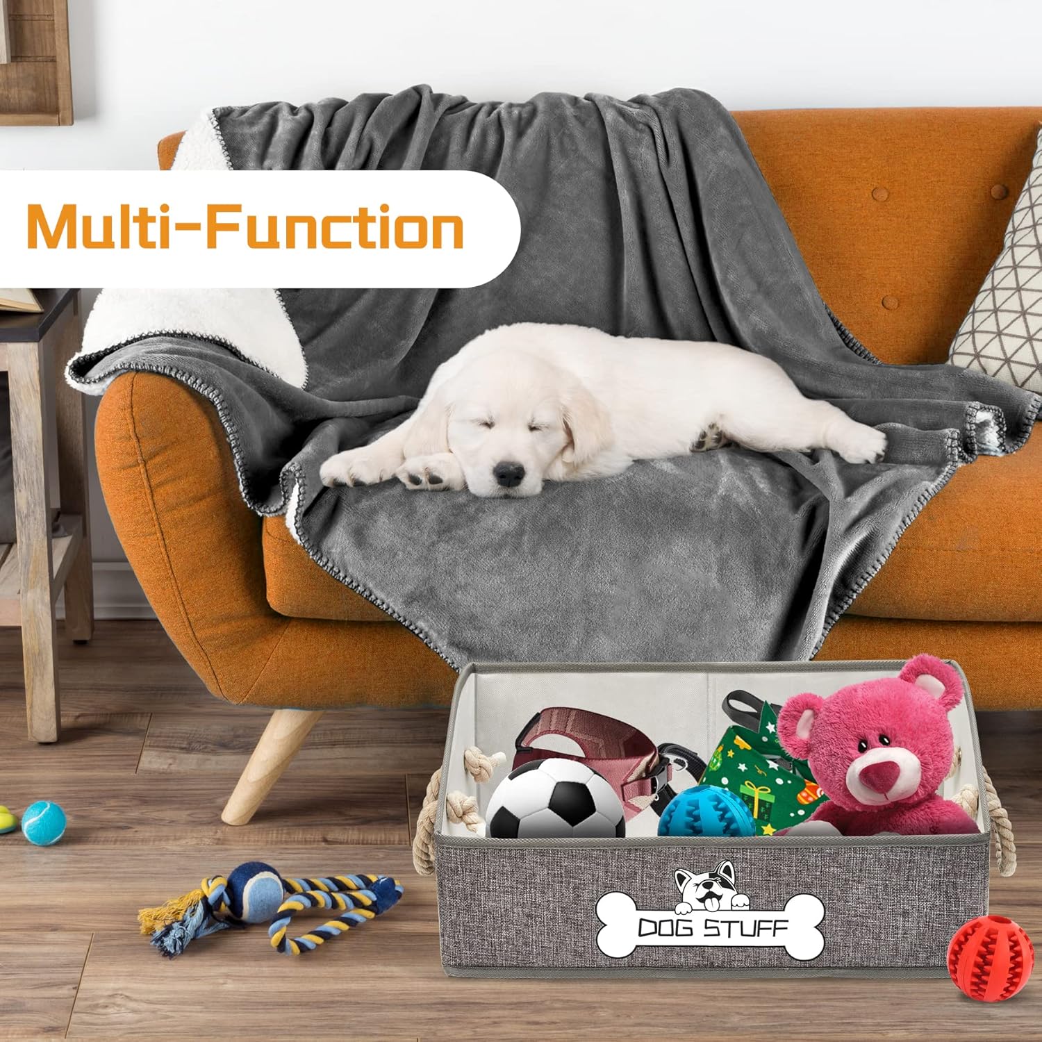 Collapsible Fabric Dog Toy Box and Storage Bin With Handle, Light Grey