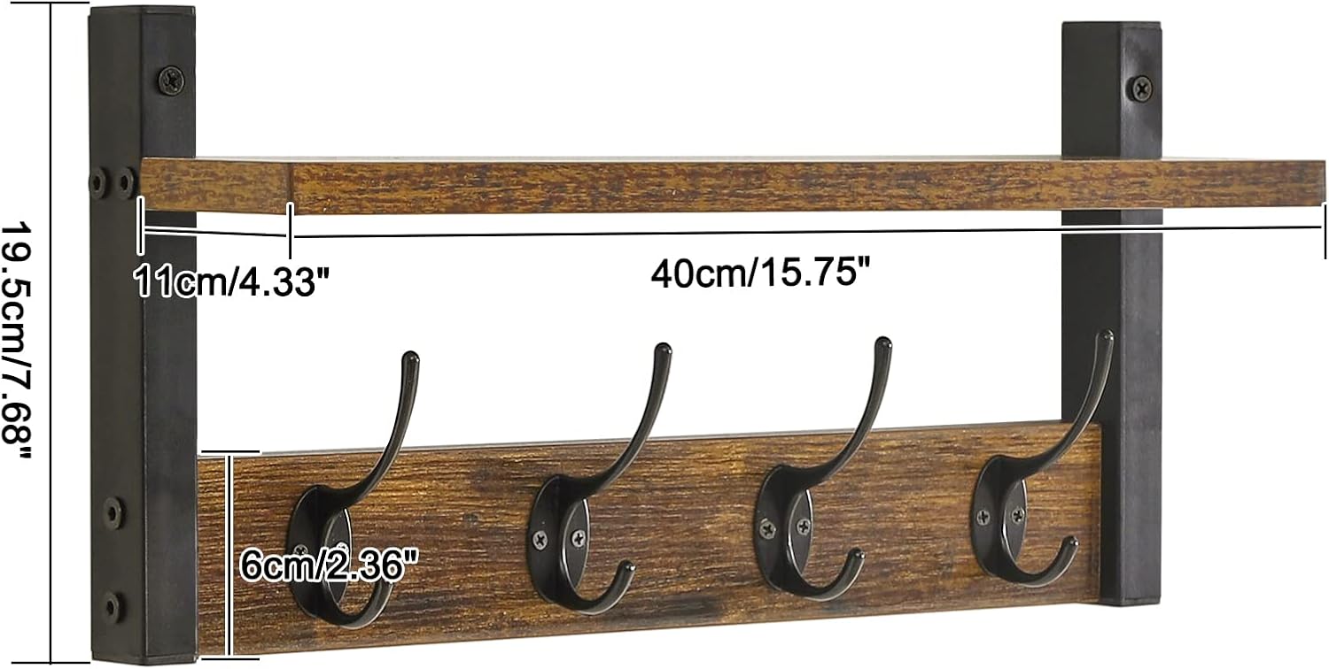 Coat Rack Shelf Wall Mounted, Coat Hooks Set of 2, Entryway Coat Hanger with 8 Hooks, 31.5" Rustic Brown