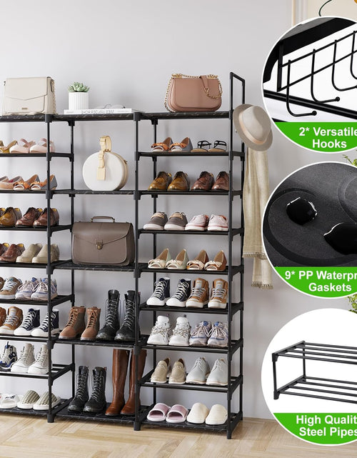 Load image into Gallery viewer, 9 Tiers Shoe Rack Organizer, Black, 50-55 Pairs, Stackable Metal Shelf with Hooks for Entryway
