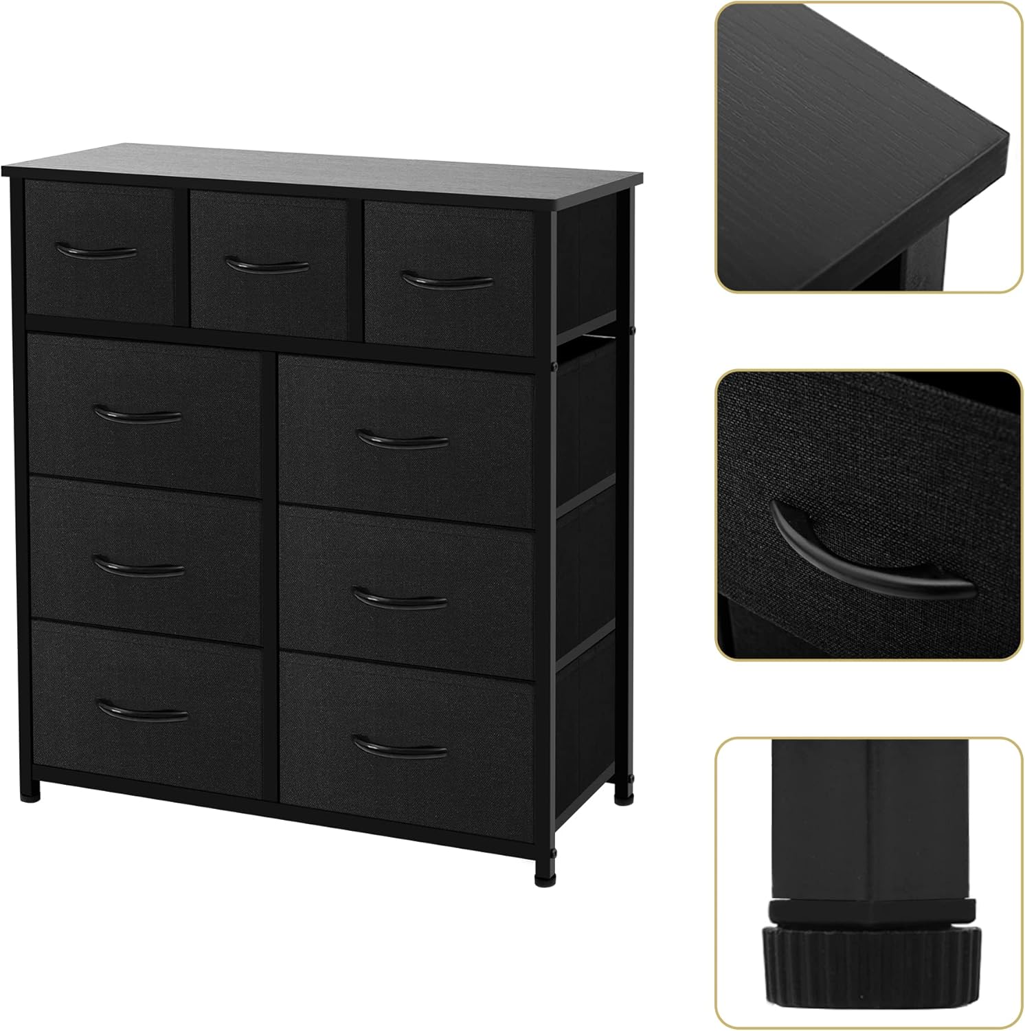 9 Drawer Dresser - Fabric Storage Tower, Organizer Unit for Bedroom, Wooden Top & Easy Pull Fabric Bins, Black