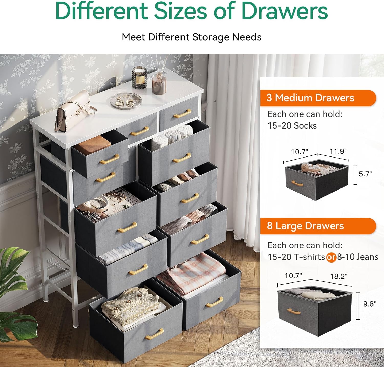 52 Inches Tall Dresser for Bedroom with 11 Storage Drawers, Large Fabric Dressers for Hallway, Light Grey