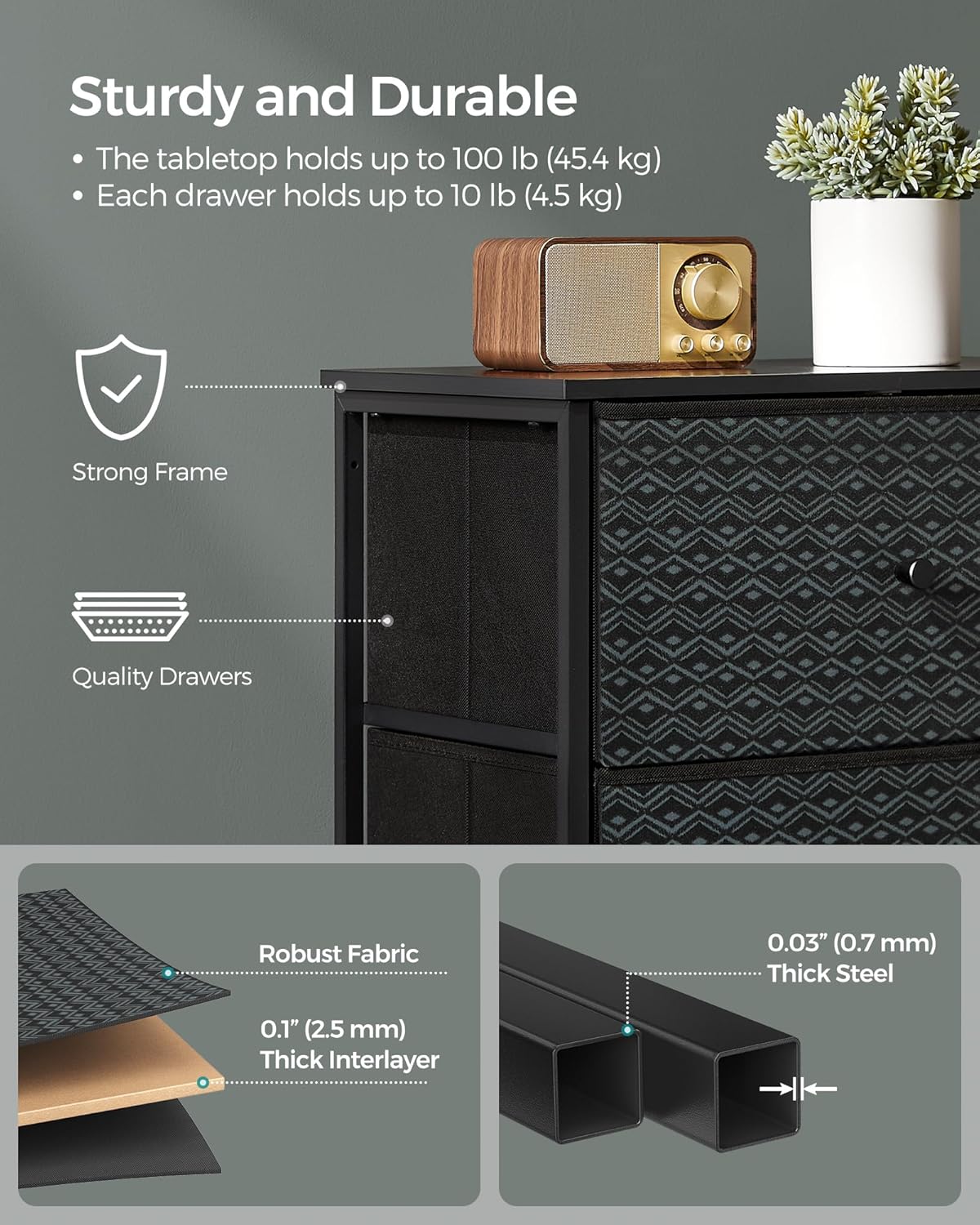 Closet Organizer and Storage Unit with 4 Fabric Drawers, Metal Frame, Ebony Black and Ink Black