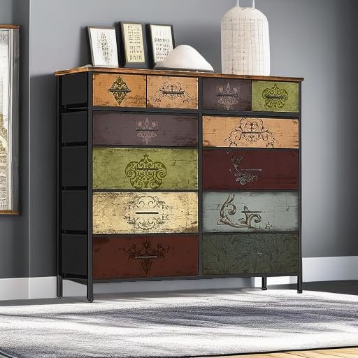 Dresser for Bedroom with 12 Drawers, Tall Fabric Drawer Dresser (Pattern)