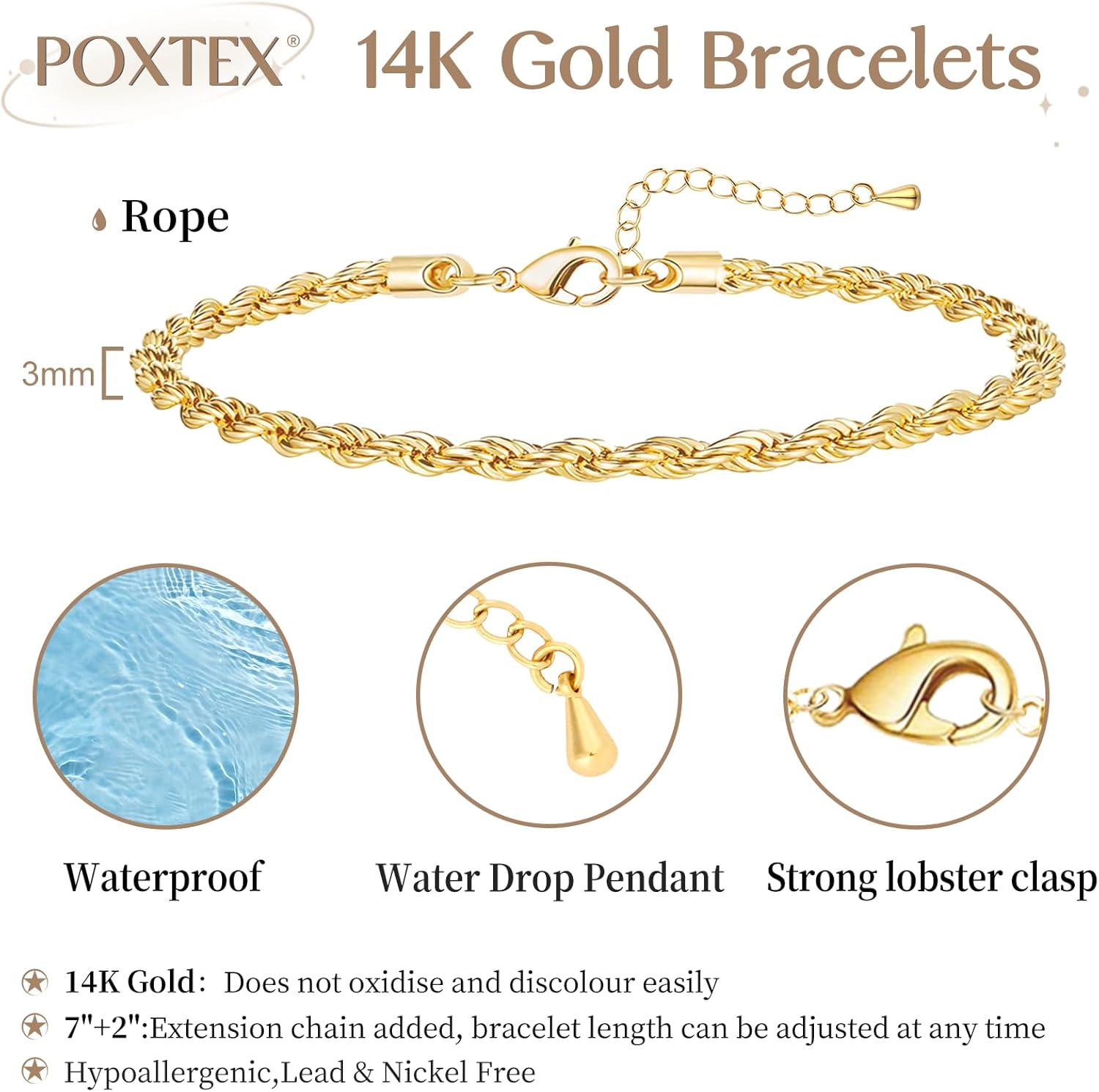Dainty 14k Gold Plated Bracelet Set Adjustable Simple Love Layered Waterproof Jewelry, Rope