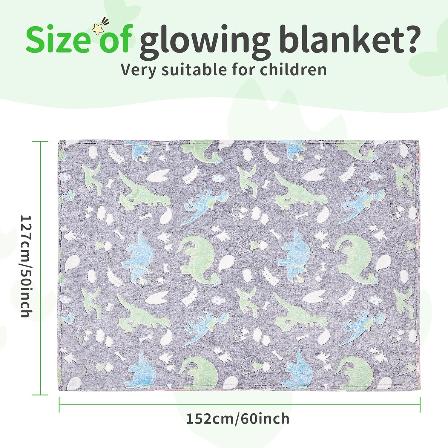 Glow in The Dark Dinosaur Blanket, Cute Blanket for Kids Toddlers Girls Boys, Grey Dinosaur