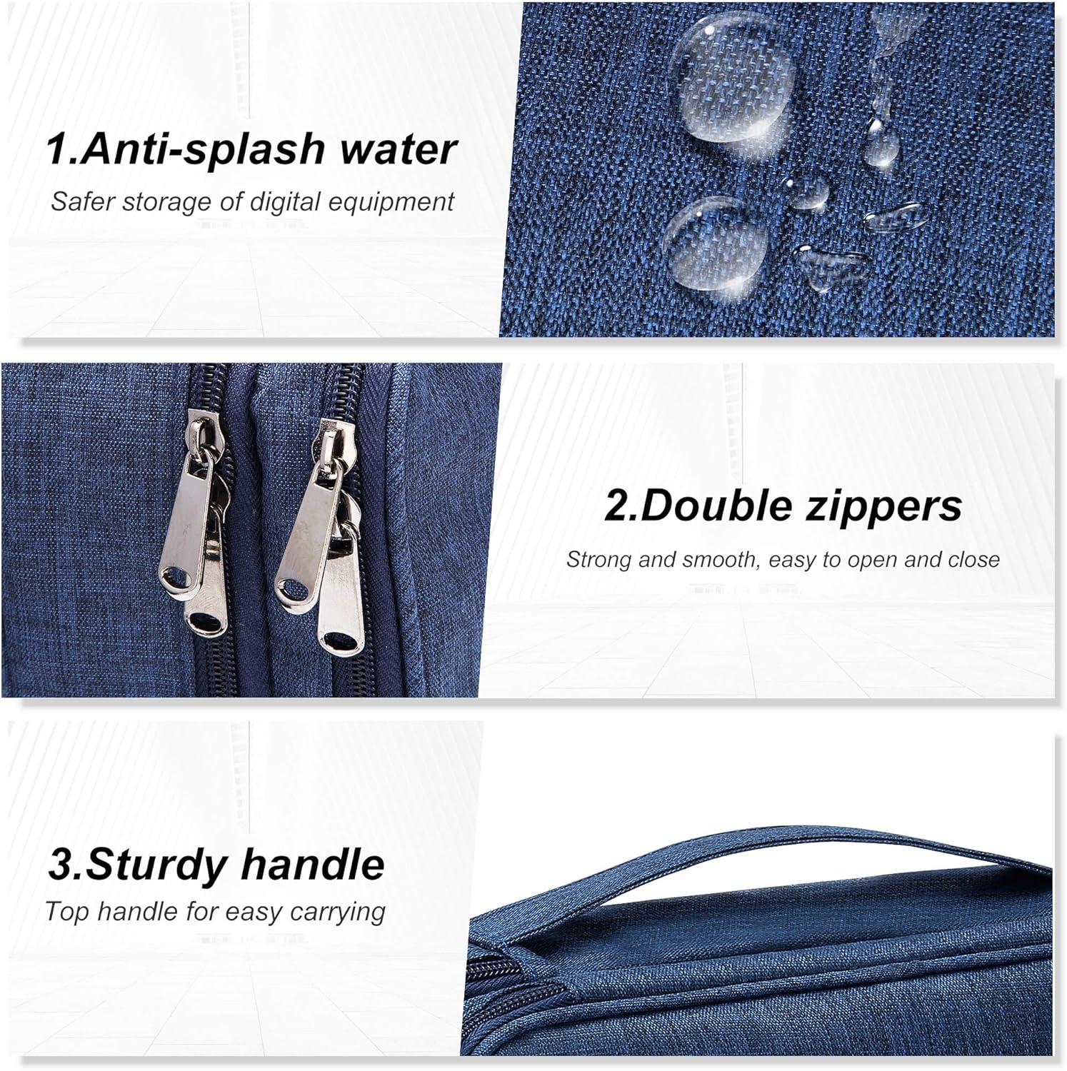 Electronic Bag Travel Cable Accessories Waterproof Double Layer, Navy Blue