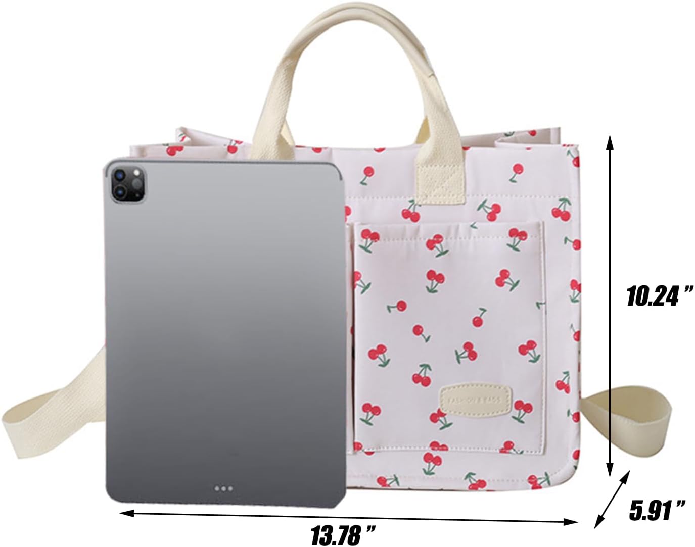Cherry Tote Bag for Women Canvas Patched Purse Cute Shoulder Bag, Cherry White