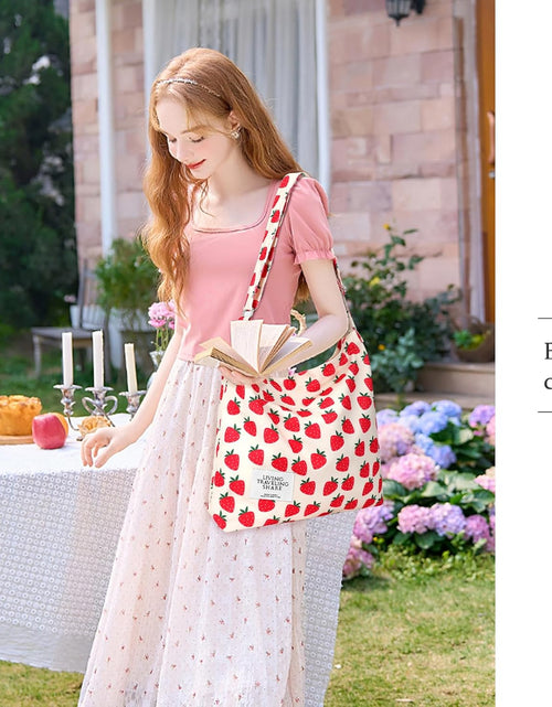Load image into Gallery viewer, Canvas Tote Bag with External Pocket Design, Stylish Appearance, Adjustable Shoulder Strap, Strawberry Beige

