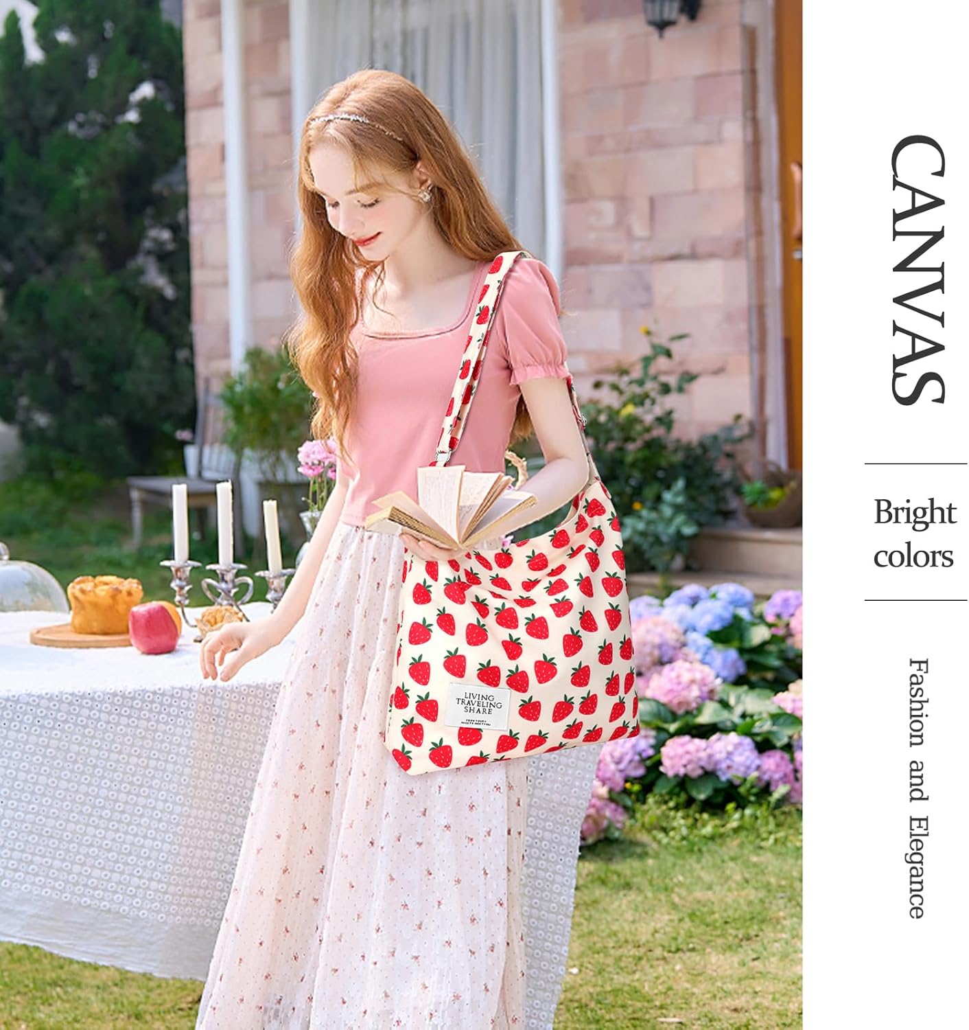 Canvas Tote Bag with External Pocket Design, Stylish Appearance, Adjustable Shoulder Strap, Strawberry Beige