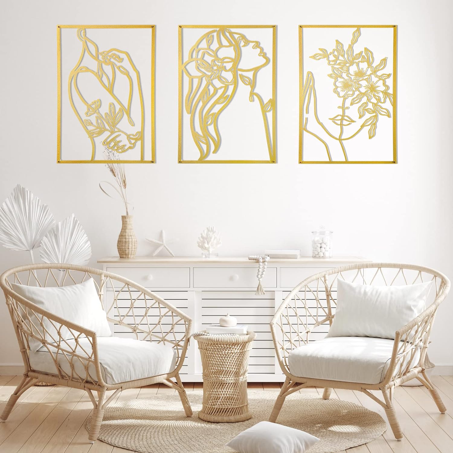 3 Pcs Gold Wall Decor Above Bed Minimalist for Living Room Metal Line Art, 15inch