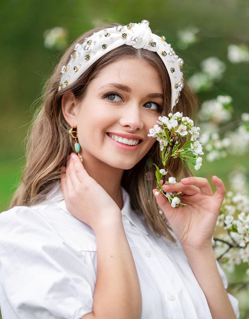 Load image into Gallery viewer, Pearl Knotted Headband, Women Rhinestone Embellished Hairband Elegant Wide Top Knot Bride Headbands
