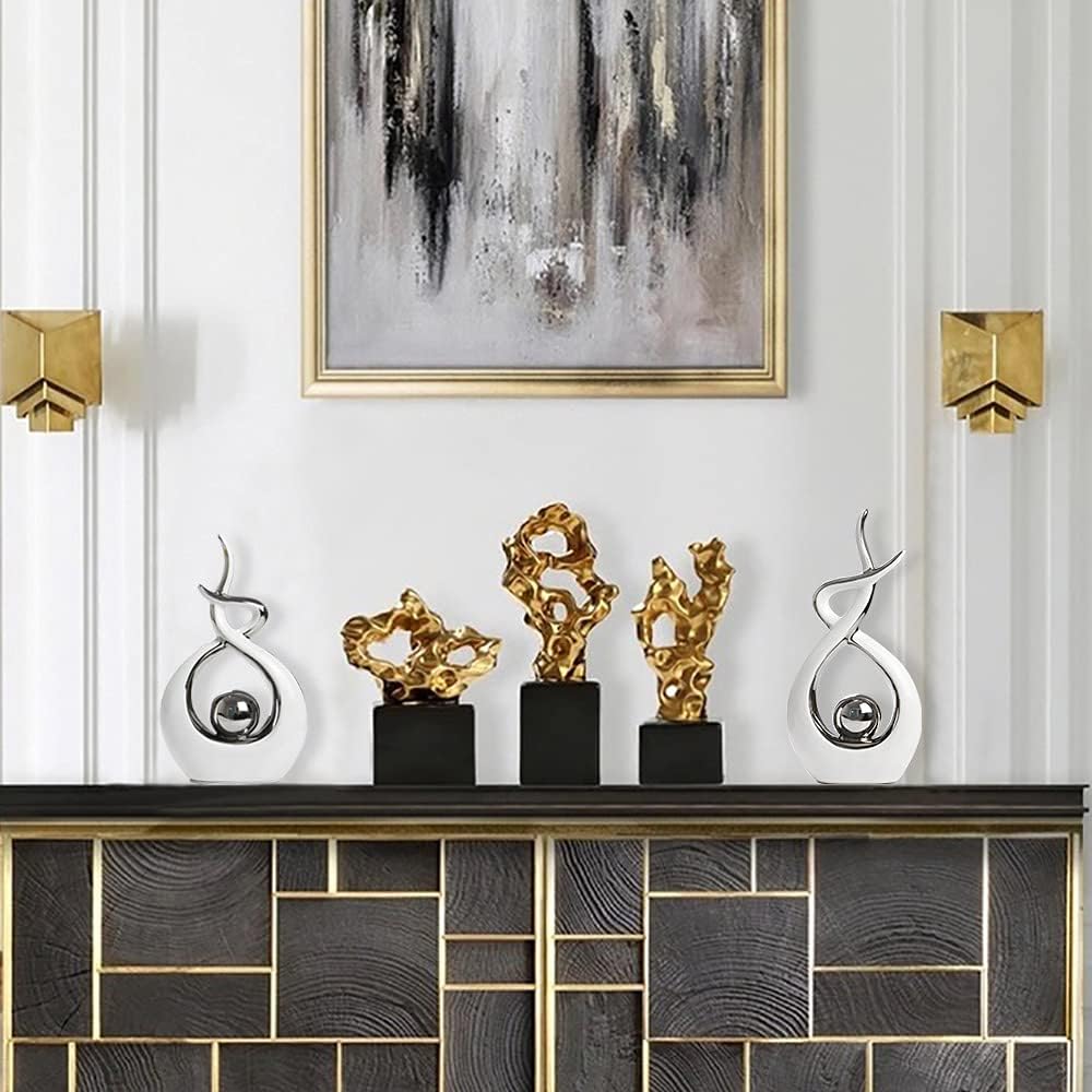 Modern Abstract Art Ceramic Statue Table Decorations for Dining Room Living Room Office Centerpiece, White and Silver