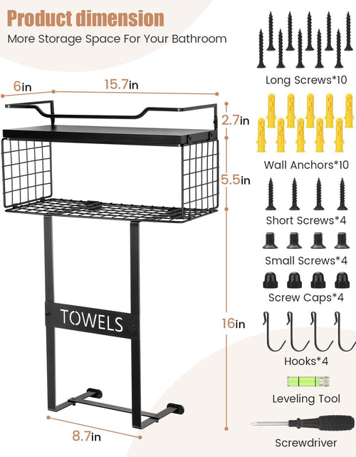 Load image into Gallery viewer, Bath Wall Towel Storage Holder Set Above Toilet, Rolled Towel Shelf Organizer for Small Bathroom Black
