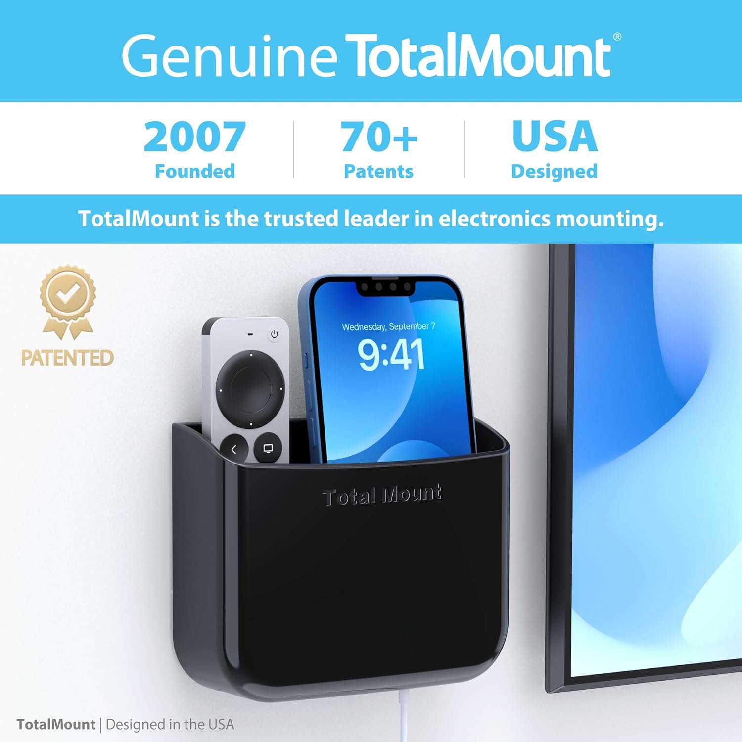 Hole-Free Remote Holder – Eliminates Need to Drill Holes in Your Wall (For 2 or 3 Remote Controls – Black – Quantity 1)