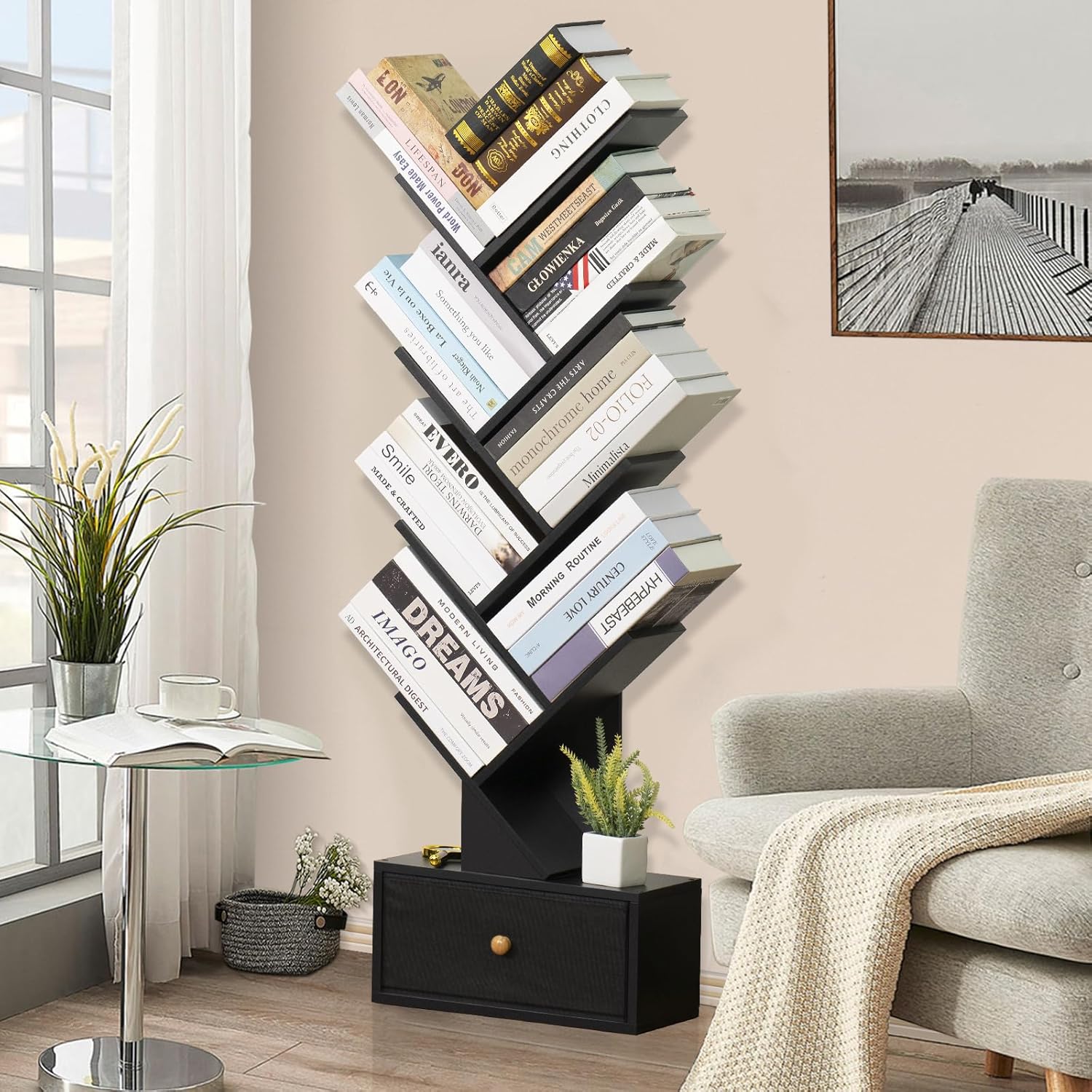8 Tier Tree Bookshelf with Drawer, Free Standing Wood Bookcase, Black