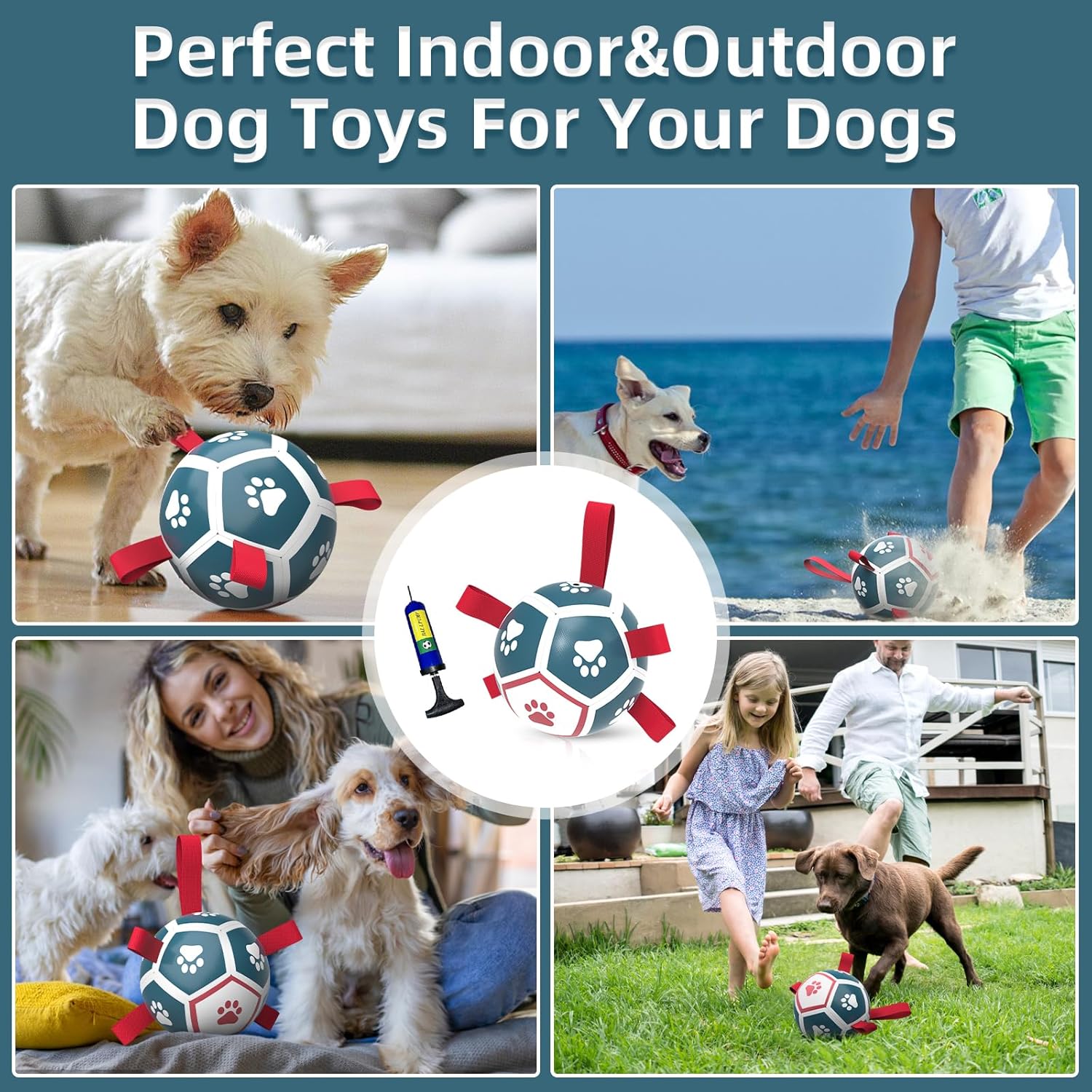 Dog Toys Soccer Ball with Straps, Outdoor Interactive Dog Toys for Tug of War, Puppy Birthday Gifts