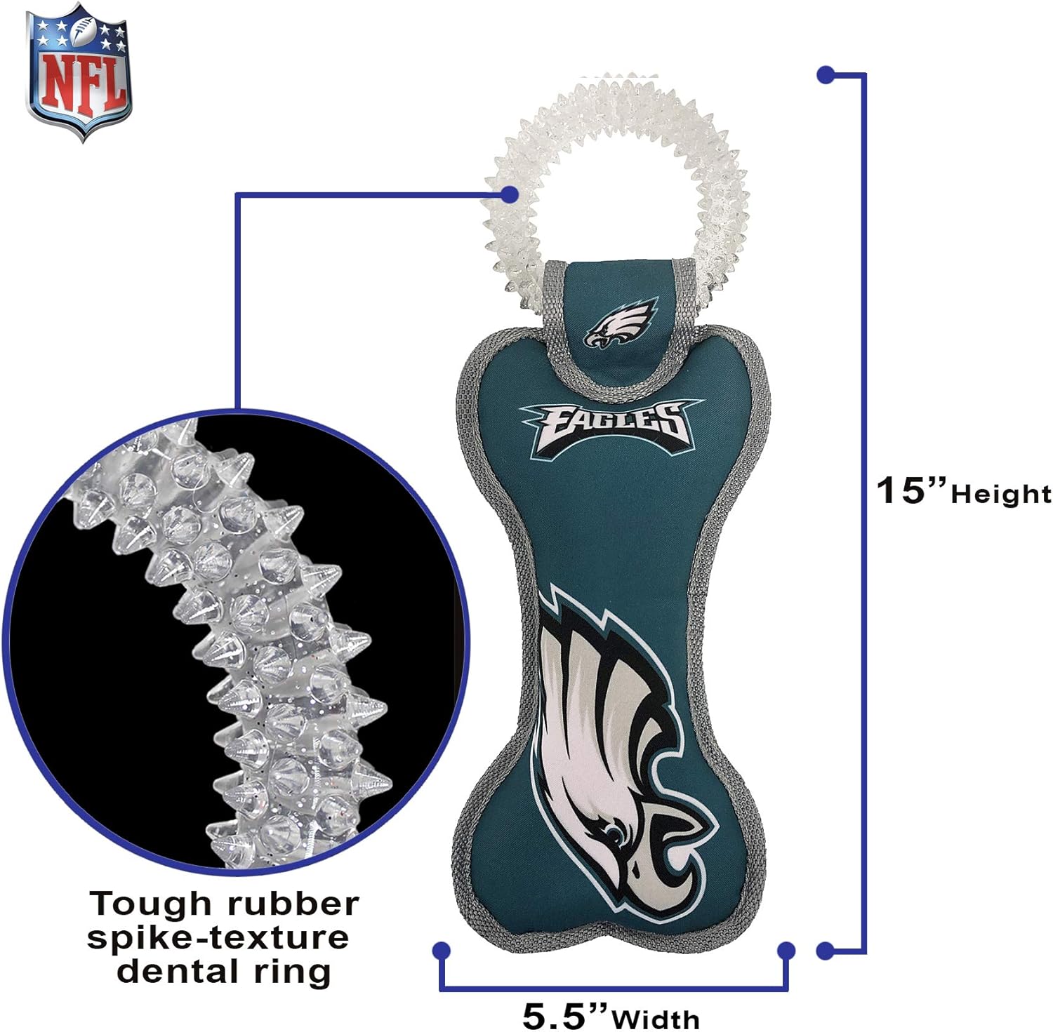 NFL Philadelphia Eagles Dental Dog TUG Toy with Squeaker. Tough PET Toy for Healthy Fun