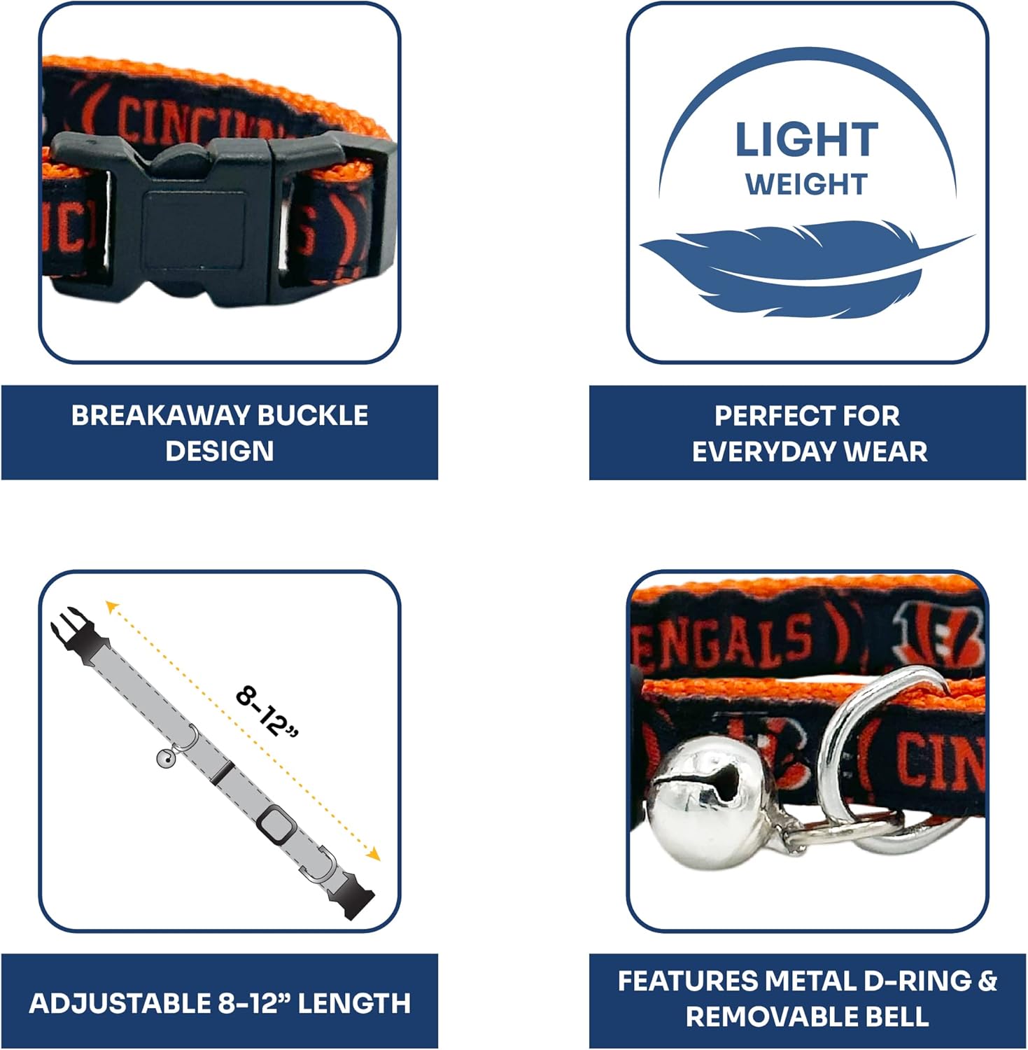 CAT Collar Cincinnati Bengals Satin Football Team Collar for Dogs & Cats. A Shiny & Colorful Cat Collar with Ringing Bell Pendant
