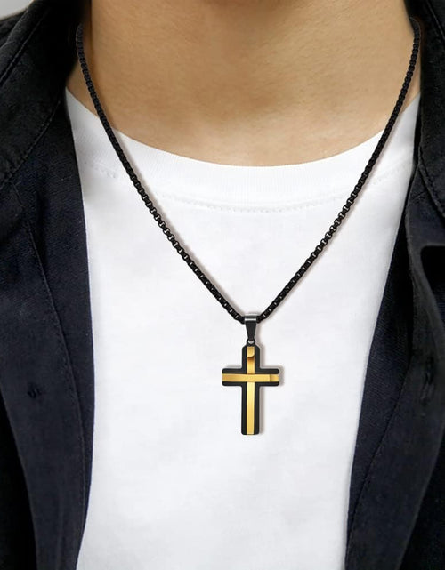 Load image into Gallery viewer, Stainless Steel Double Layer Cross Pendant Necklace for Men, 24&quot; Box Chain, Black and Gold
