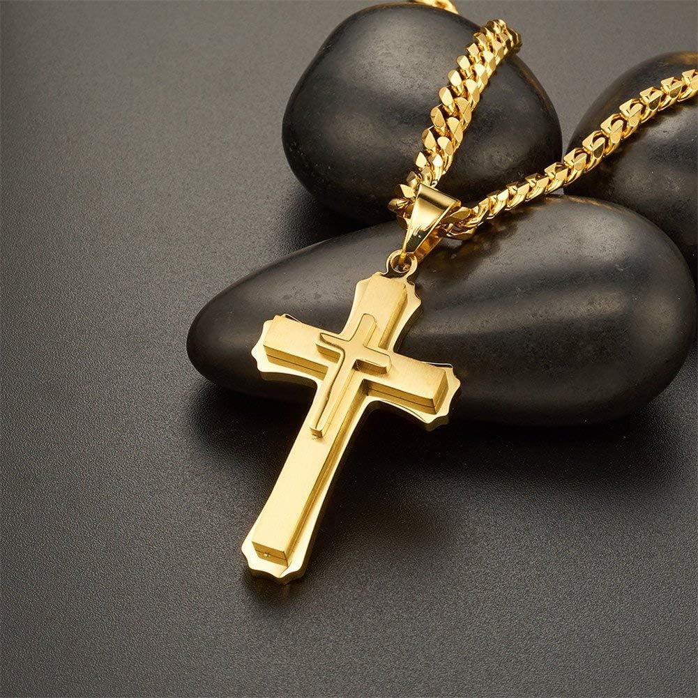 Cross Necklace for Men Boys Pendant Necklace Stainless Steel Double Cross Necklace with 24 inches Cuban Link Chain, Gold