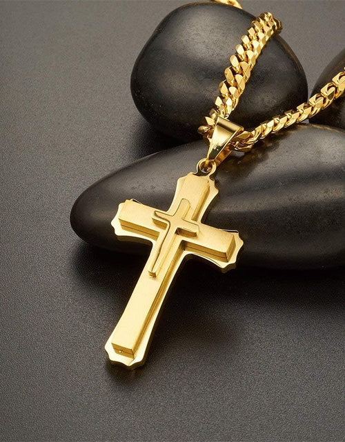 Load image into Gallery viewer, Cross Necklace for Men Boys Pendant Necklace Stainless Steel Double Cross Necklace with 24 inches Cuban Link Chain, Gold
