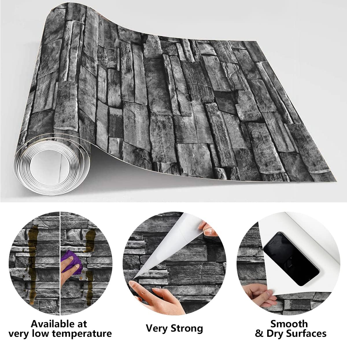 Grey Brick Peel and Stick Wallpaper 17.7inch×118.1inch Faux Stone Self Adhesive Removable Wall Paper Decor Vinyl