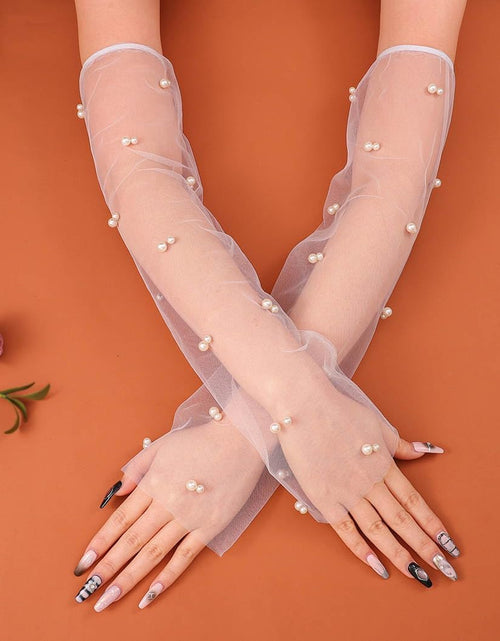 Load image into Gallery viewer, Long Wedding Tulle Gloves White Pearl Bridal Gloves Elbow Length Summer Fingerless Gloves for Women and Girls, White
