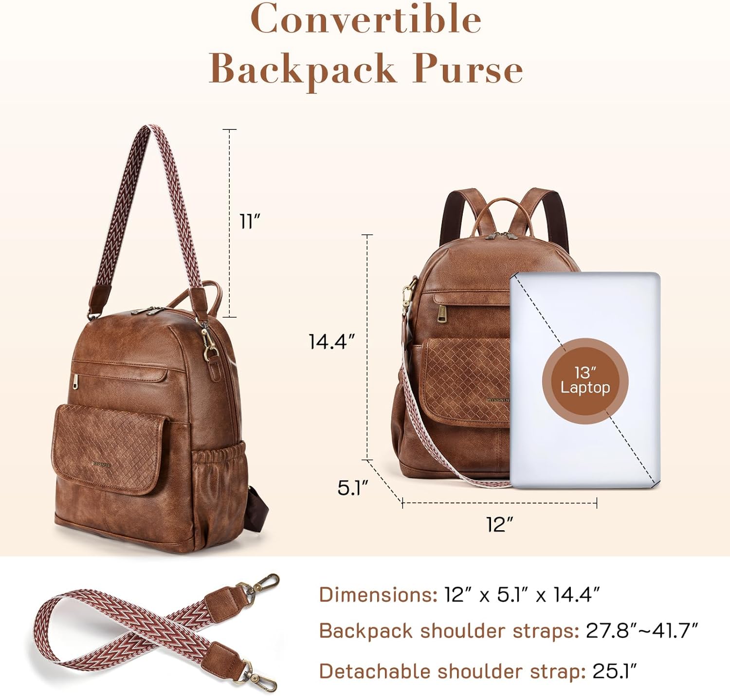 PU Leather Backpack Purse for Women, Convertible Travel Backpack, Designer Ladies Shoulder Bag