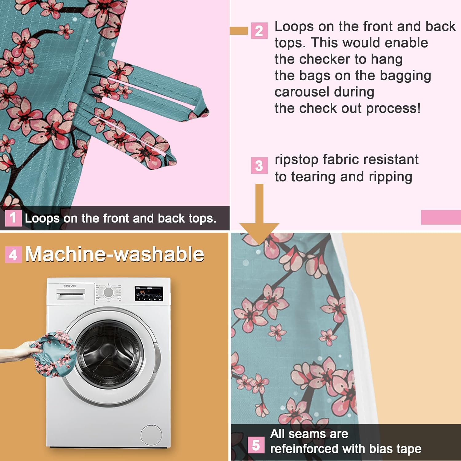 Floral Tote Bags Foldable Flower Grocery Reusable Bags Large Shopping Tote for Groceries, 6 PIeces