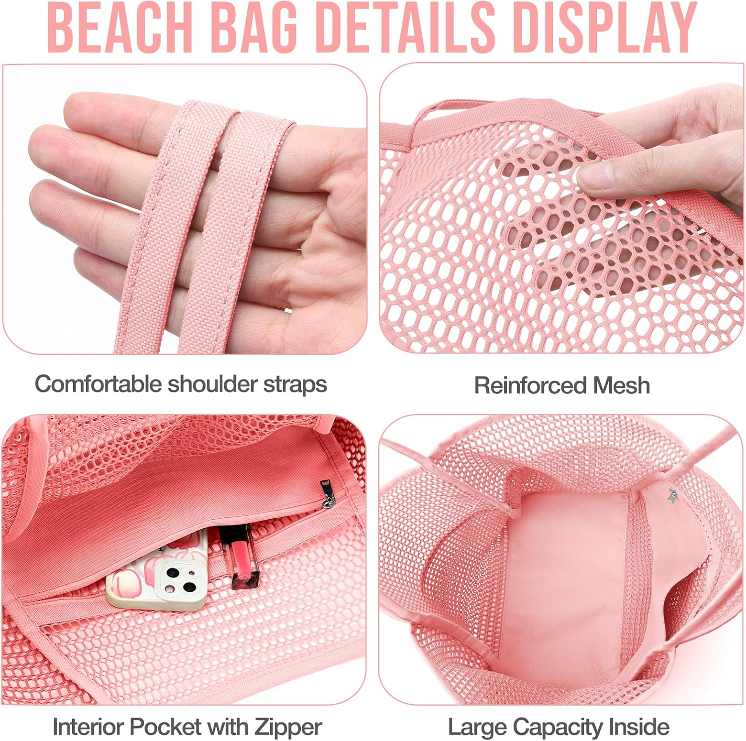 Beach Bag with Mini Pocket, Beach Tote Bags for Women Large Foldable Mesh Swimming Pool Travel Bags - Sandproof, Pink