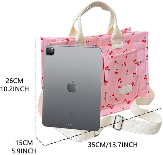 Cherry Tote Bag for Women Canvas Patched Purse Cute Shoulder Bag Multi-Pocket Satchel Handbag