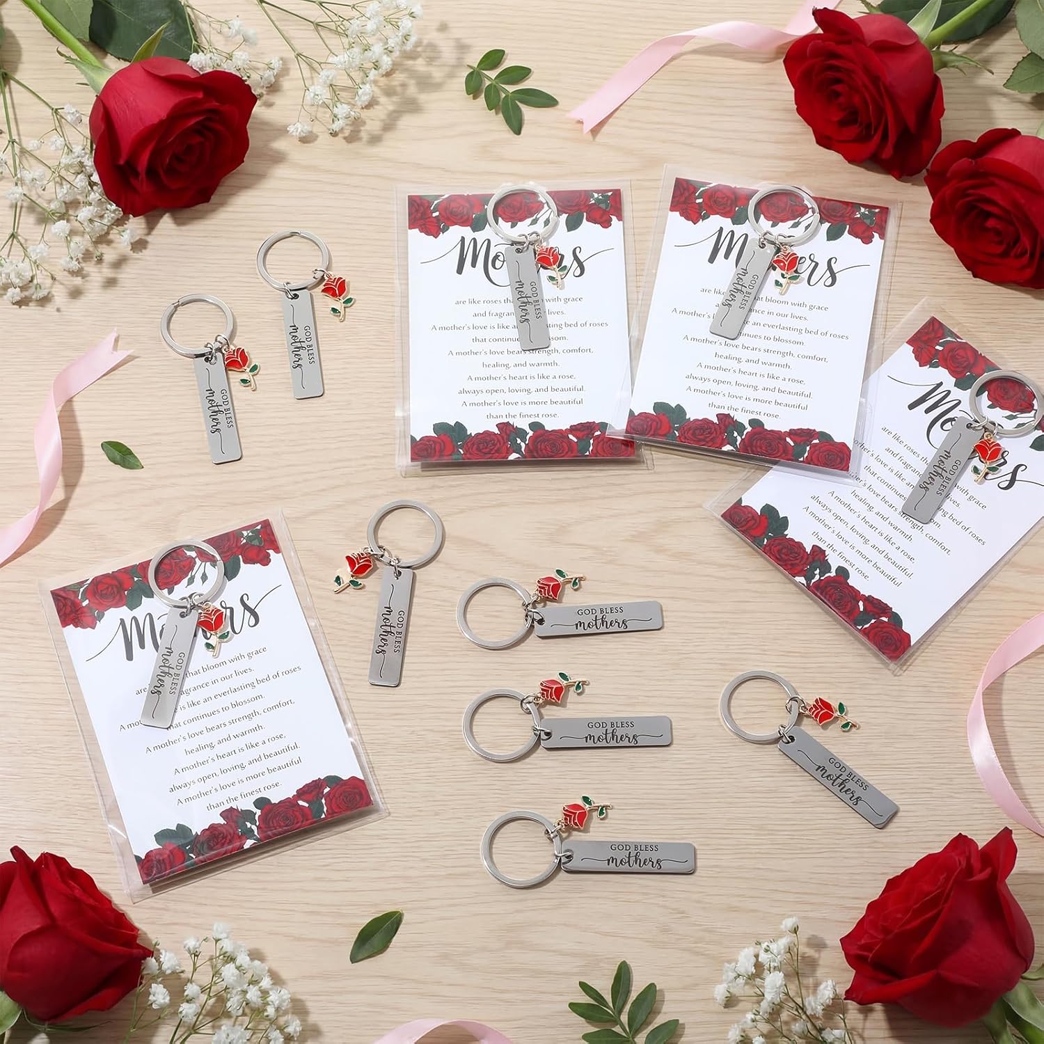 Mother’s Day Christian Gift Set – Church Bulk Keychains with Prayer Cards ( FREE Knitted Inspirational Positive Tulip )