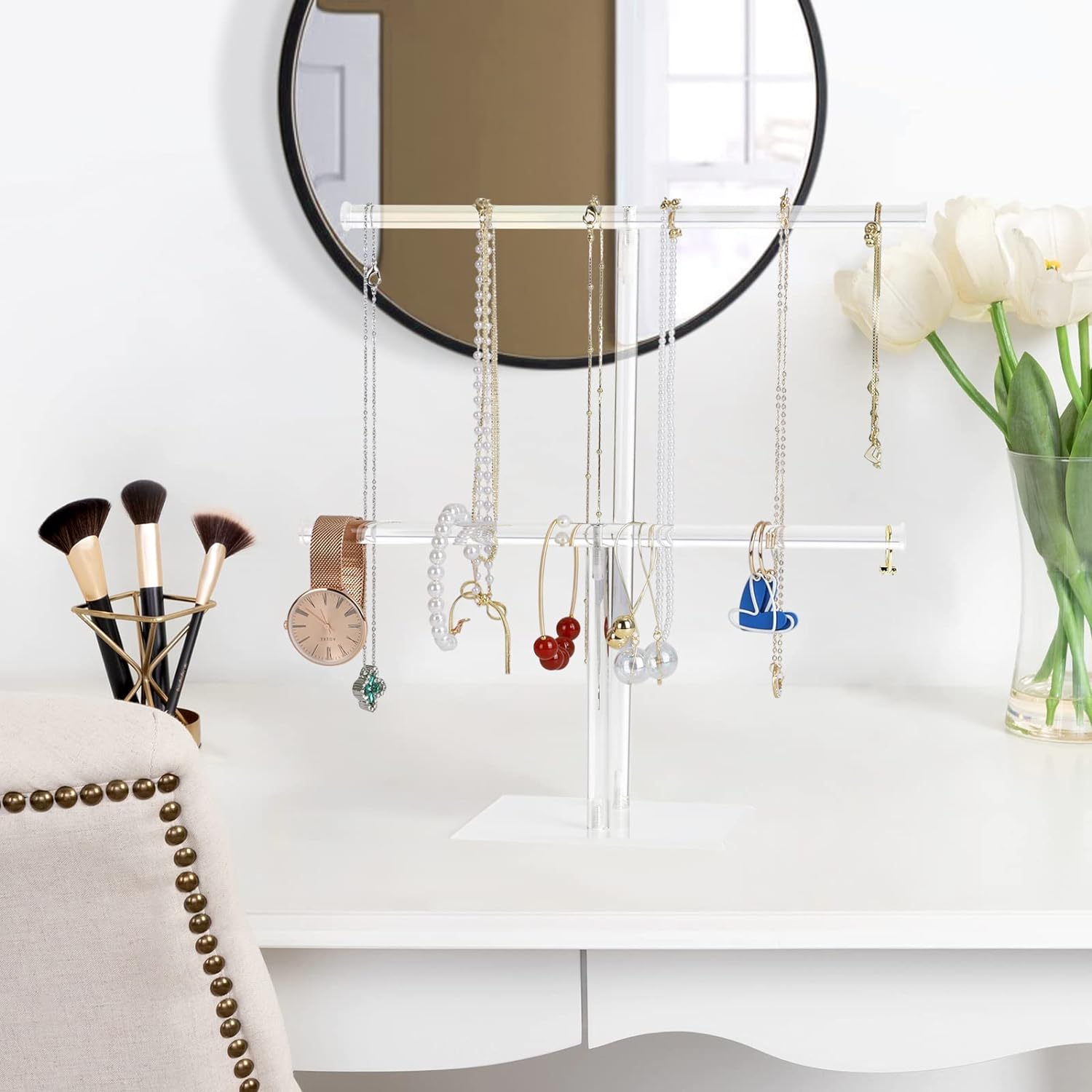 Acrylic Jewelry Stand Necklace Holder, Clear 2-Tier Tower Stand for Bangles, Necklaces, Bracelets