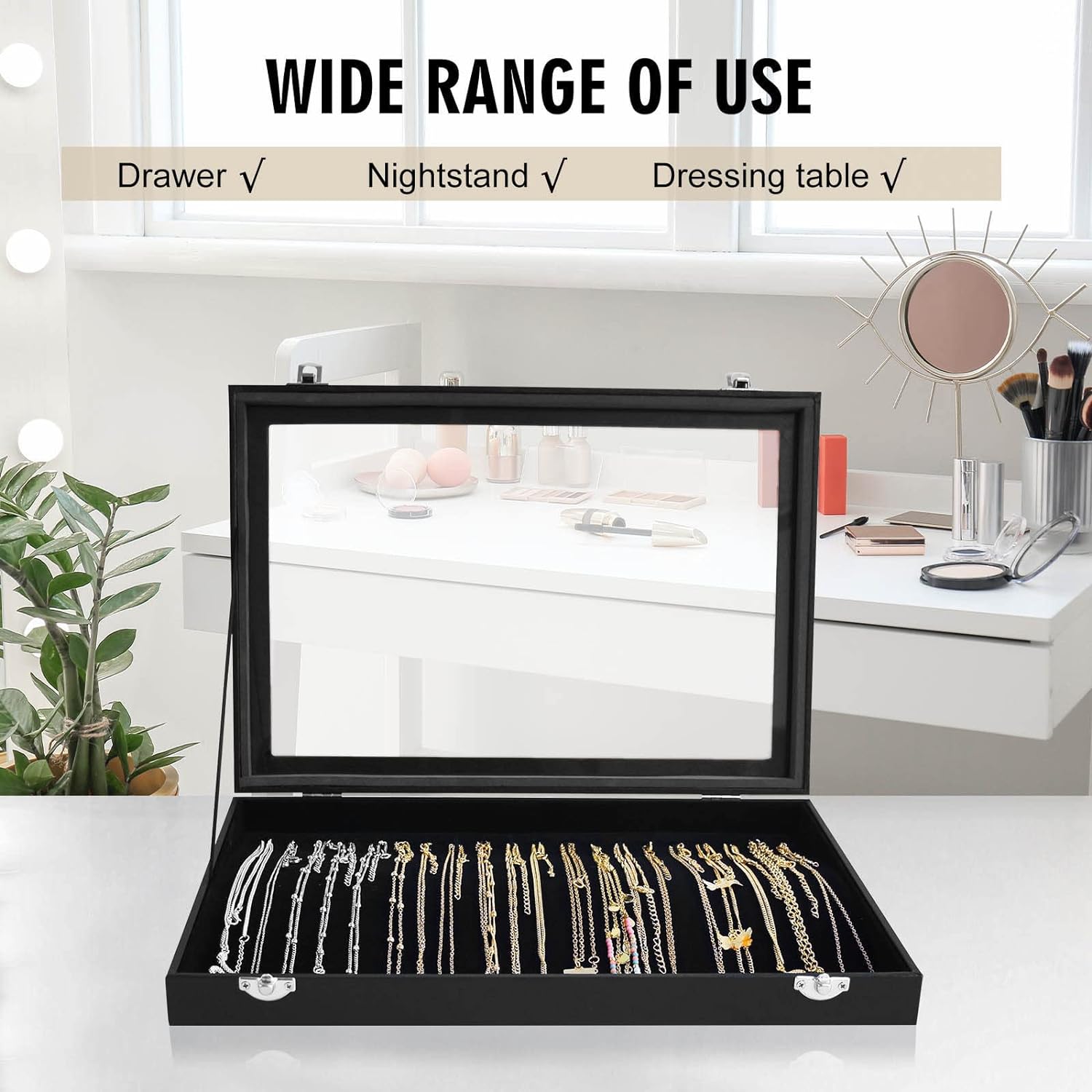 Premium 20 Hooks Necklace Display Jewelry Tray with Transparent Lid, Black