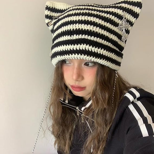 Load image into Gallery viewer, Grunge Beanies Crochet Knitted Hats for Women Girls Fox Cat Ear Goth, Onesize, Grey

