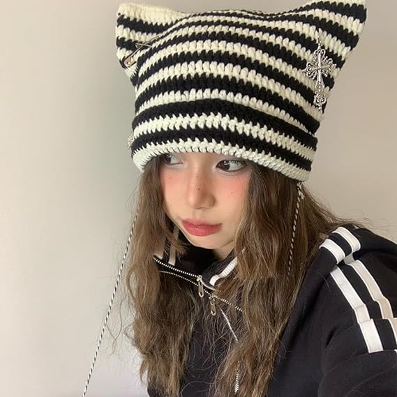Grunge Beanies Crochet Knitted Hats for Women Girls Fox Cat Ear Goth, Onesize, Grey