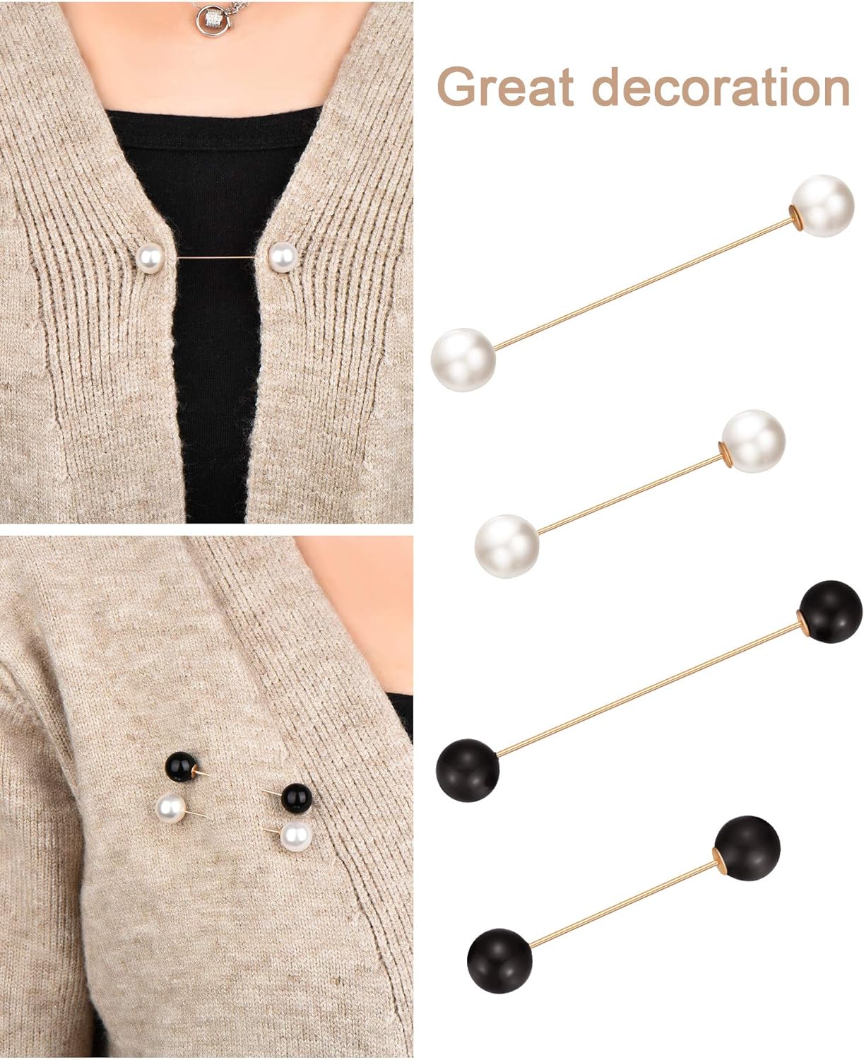 6 Pieces Sweater Shawl Clips Retro Pearl Brooch Pins Crystal Cardigan Collar Clip Clothing Costume Accessory