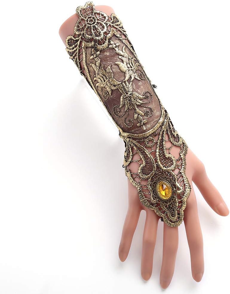 Bronzing Fingerless Gloves Women Gothic Floral Lace Steampunk Wristband, 1 Pair Small Size